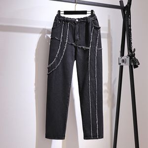 Lente vintage plus size vrouwen veelzijdige grijze rechte broek rits losse patchwork imperium denim jeans 16W305 210510