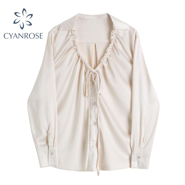 Printemps Vintage Satin français Blouse et chemise hauts femmes à manches longues cordon à lacets col décontracté élégant chemise dames 210417