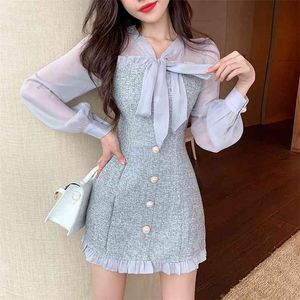 Printemps Vintage Sexy Transparent Mousseline de soie Patchwork Tweed Mini Robe Femmes Ruban Bow Simple Boutonnage À Manches Longues Fête 210514