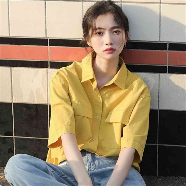 Spring Vintage Chemise Yellow Chemise Femme Surdimenseur Tops Femmes Courtes À Manches Filles Blouse Summer Plus Taille Blouses Femme Blusas 210423