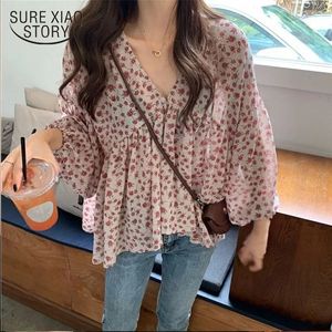 Spring vneck chiffon shirt vrouwen zoete tops blouse Koreaanse bloemenprint lange mouw casual slanke dame kleding 9307 240326