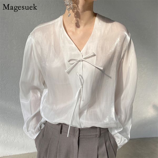 Printemps blanc Blouse femmes voir à travers solide chemise Blouses décontracté ample col en v à lacets dames hauts Blusas Mujer 13032 210512