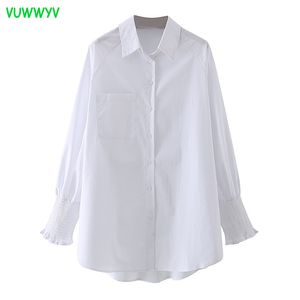 Spring White Casual Oversized Women Shirts Pocket Button Up Shirt Lange Mouw Elastische Manchet Streetwear Vrouw Blouses Tops 210430