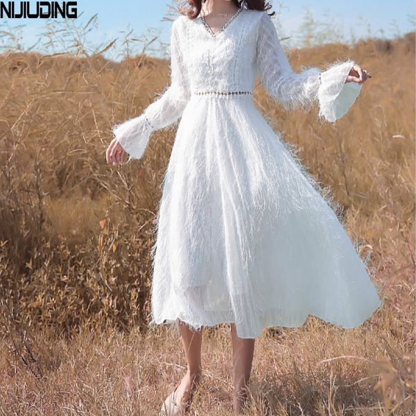 Primavera vestido de hada blanca mujer Midi Boho elegante Vintage manga larga cuello en V borla es Vestidos 210514