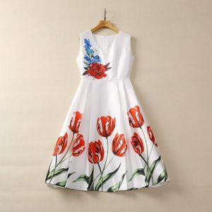 Lente witte bloemenprint kralen jurk mouwloze v-neck pailletten midi casual jurken s3d121207