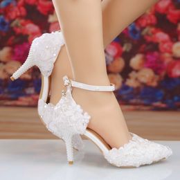Lente witte kant bloem strass trouwschoenen nieuwste ontwerp luxe handgemaakte hoge hak bruidsschoenen avond prom pompen