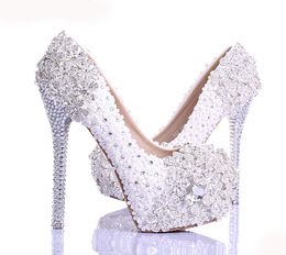 Zapatos de boda con diamantes de imitación y flores de encaje blanco de primavera, el más nuevo diseño, zapatos de novia de tacón alto hechos a mano de lujo, zapatos de fiesta de noche Shi269N