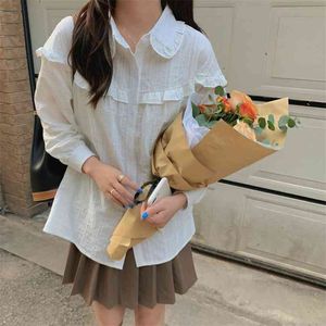 Lente witte revers stijlvolle zoete vrouwen patchwork blouses korte vrouw allemaal match schattige losse straatkleding shirts 210525