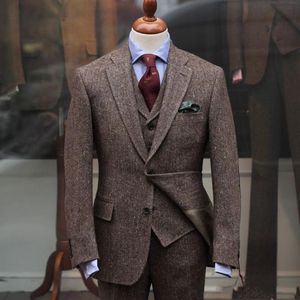 Lente winter mode bruin tweed bruidegom smoking man blazer notch revers twee knop mannen business diner prom pak (jas + broek + stropdas + vest) 1155