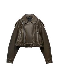 Veste de printemps en Faux cuir pour femme, Chic, Vintage, revers court, fermeture éclair, ceinture, manteaux de motard, mode Streetwear Mujer 240122