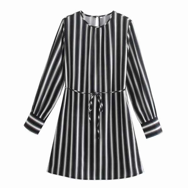 Printemps femmes noir blanc rayé Mini robe femme O cou à manches longues vêtements décontracté dame ample Vestido D7331 210430