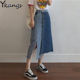 Lente Dames Casual Front Button Denim Rokken Vrouwelijke Split Splice Onregelmatige Lange Mom Jean Skirt Dames Plus Size 5XL Streetwear 210421