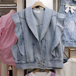 Printemps femmes décontracté lâche col rabattu couleur unie court sans manches volants denim gilet manteau 16F0743 210510