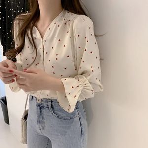 Lente Vrouwen Chiffon Shirt Koreaanse Mode Lange Mouw Wit Streetwear Kantoor Blouse Elegante Dame Hart Print Tops 240102