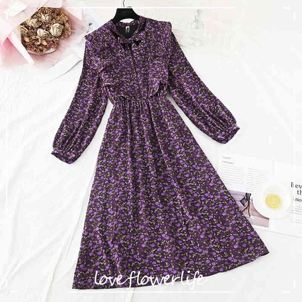 Spring Women Robes Vintage Floral Print Bow Ruffle Chiffon MIDI Robe Femme Femme décontractée Verstidos robe à manches longues 210521