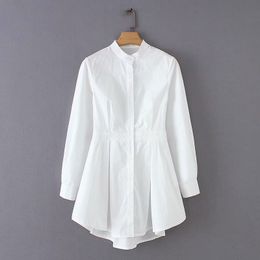 Printemps femmes élégant col montant ourlet plis irréguliers blanc Blouse corée chemise décontractée bureau dame affaires Feminina 210510