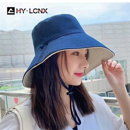 Printemps femmes mode grand bord couleur unie double face soleil pêcheur hommes coton respirant en plein air voyage seau chapeau 220627