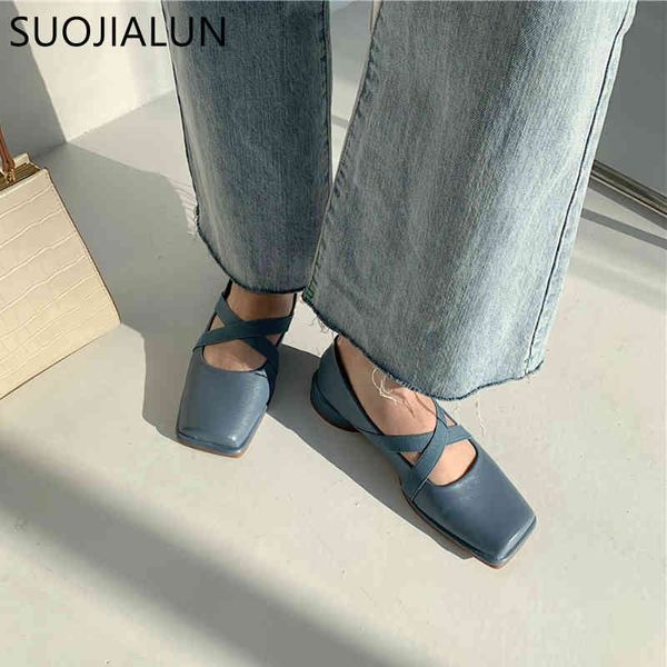 SUOJIALUN printemps femmes chaussures plates carré talon bas Ballet bout carré peu profond marque chaussures dames sans lacet mocassins Zapatos de Mujer K78