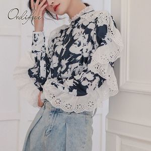 Femmes de printemps Floral Shirt Long Manche à manches blanches Crochet Femme Vintage Blouse 210415