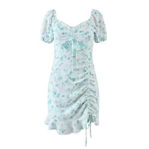 Lente Vrouwen Bloem Print Chiffon Jurk Vrouwelijke Bladerdeeg Mouw Kleding Casual Slanke Hol Vestido 210430