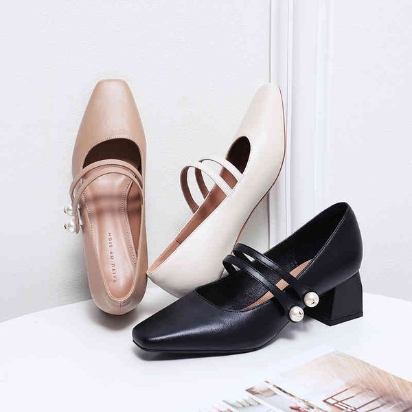 Printemps femmes chaussures à talons hauts épouser Jane perles élégant doux confortable bout carré 5 CM carré talons hauts chaussures de mariage 210520