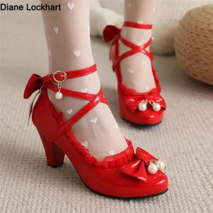 Spring Femmes High Heels Cross Strap Mary Jane Pumps Party Wedding Cosplay White Red Black String Bead Bow Princess Lolita Chaussures 240515