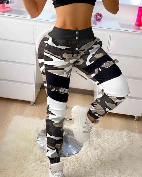 Printemps Femmes Taille Haute Boucle Camouflage Imprimer Pantalon Cargo Street Wear Chic Street Wear Cool Girl Casual Poches Hip Hop 210415