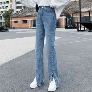 Printemps Femmes Jeans Pantalon évasé noir Front Side Slit Leg High Taille Bell Bottom Full Longueur Denim Vêtements 210809