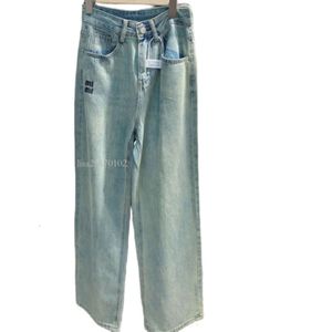 Lente dames jeans ontwerper broeken dames mode letters borduurwerk denim broek hoge taille slanke rechte jeans één kleur