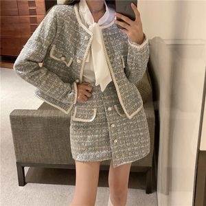 Lente vrouwen Korean Vintage Elegant Tweed Tweed Tweed Set lange mouw korte jas Hoge taille onregelmatige rok 2 pak outfits 240516