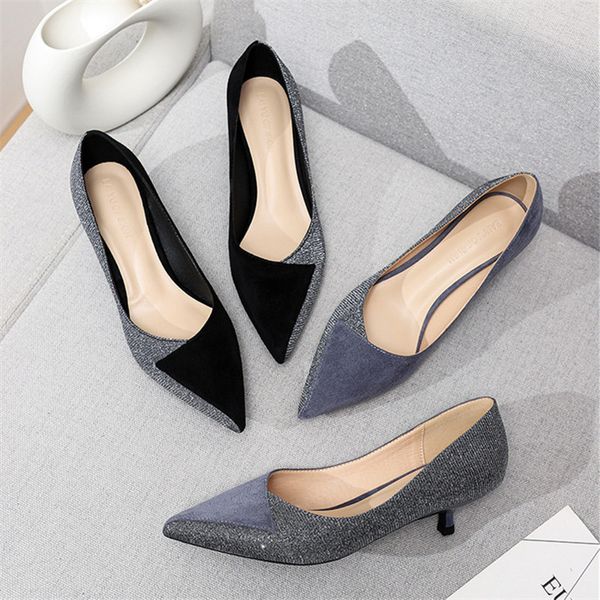 Primavera mujeres zapatos de tacón bajo patchwork tela con lentejuelas cristal puntiagudo resbalón en negro gris oficina carrera tacones altos 210520