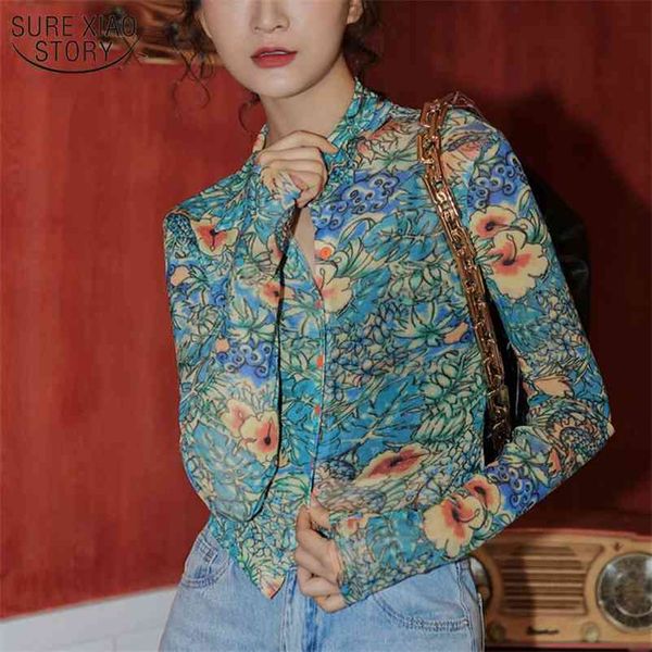 Camisa con estampado de dragón de malla para mujer de primavera Camisa de manga larga con botones transparentes Ropa de diseñador de moda 13148 210508