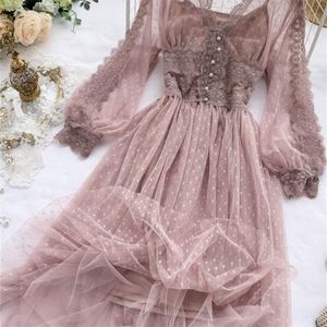 Printemps Femmes Maille Dentelle Crochet Robes Col En V Élégant De Bal Manches Bouffantes Robe D'été Dot Prom Party Sexy Slim Swing Robe Longue 220316