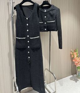 Spring Femmes Patchwork Black Tweed Set Sans manches ONECK LONGES LONGES SIMPLES POINTÉS CHEATS COURS 240412