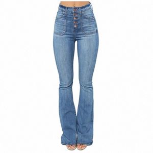 lente Vrouwen Plus Size Butt Up Ontwerp Zakken Hoge Taille Flare Jeans 4XL Lichtblauw Grijs Zwart Casual Bell-bottom Denim Broek 45E1 #