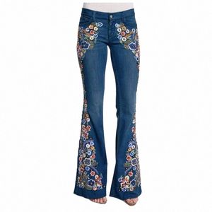 Printemps Femmes Plus Taille Multicolore Boho Floral Broderie Lg Flare Jeans 3XL 4XL Highstreet Wide Leg Bell-bottom Denim Pantalon v0SW #