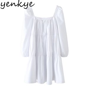 Printemps femmes popeline Mini robe blanche femme à manches longues col carré décontracté ample grande taille Vestido 210514