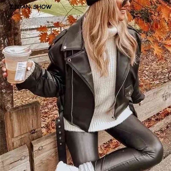 Primavera mujer estilo PUNK cinturón dobladillo PU chaqueta de cuero Streetwear manga larga abrigo suelto suave prendas de vestir púrpura blanco negro 210429