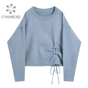 Printemps Femmes Crop Pull Pull Bleu Pull Cordon À Lacets À Manches Longues O-Cou Jumper Tricots Femme Rok Lâche Tops En Tricot 210417