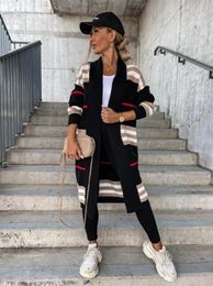 Printemps femmes tricoté Cardigan tricots décontractés femmes rayé élégant noir ample Long vêtements d'extérieur Maxi Y2k pull manteau veste douce