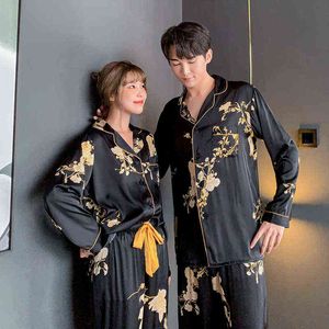Printemps Femmes Pyjamas Ensemble Style De Luxe Noir Fleur D'or Imprimer Pyjamas Soie Comme Couple Maison Vêtements De Nuit Pour Hommes 211109