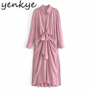 Lente vrouwen massief geknoopt shirt jurk vrouwelijke revers kraag sexy zijkantjes casual lange maxi plus size vestido 210514