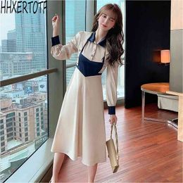 Lente Dames Splicing High-End Dress Elegante Vintage Vintage Lange Mouwen Casual Vestidos 210531