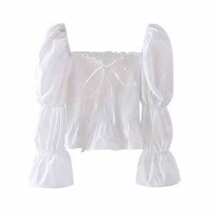 Primavera mujer cuello cuadrado plisado blanco camisa corta mujer Puff manga blusa Casual señora Slim Tops Blusas S8536 210430