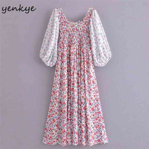 Lente vrouwen vintage patchwork bloemen print vakantie jurk vrouwelijke lantaarn mouw grote swing casual lange boho robe 210514