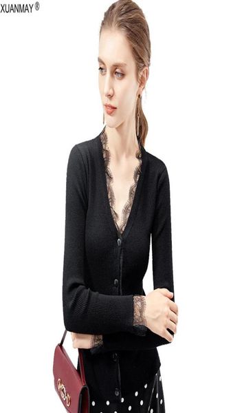 Primavera Women039s Cardigan suéter negro Sexy suéter de punto fino Cardigan elegante señoras encaje ajuste botón Cardigan Tops mujeres 2015032715