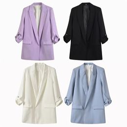 Primavera mujer casual y versátil temperamento mangas plisadas sin botones traje de color sólido chaqueta suelta 240321