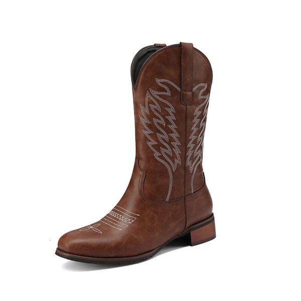 Spring Womens Round à tête brodée Bottes en cuir pour hommes à manches mi-manches à talon bas à talon bas