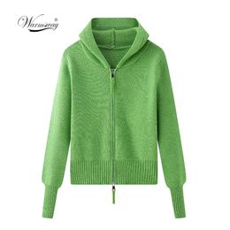 Printemps fermetures à glissière chandails veste Slim tricot solide vert Cardigan Outwear court automne chaud doux à capuche recadrée manteau C-219 210922