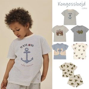 Springsummer Childrens Striped Cherry Baby Girl Boys Boys Sleeve Ks Animal Print Tshirt Pant Alligator Home Set 240430